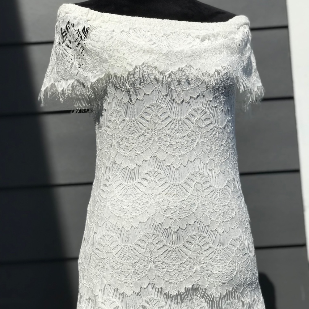 White lace off the shoulder mini dress